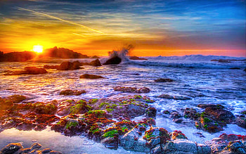 Wondering, colorful, sky, nature, rocks, wave, beauty, ocean, beach HD wallpaper