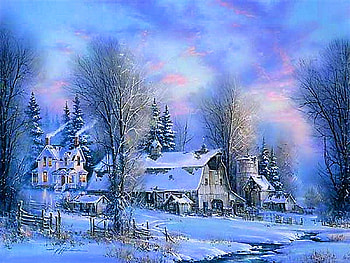 The homestead, winter, barn, snow, house, cold, trees, farm, cloudy sky HD wallpaper