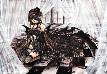 dark, parch, brown hair, long hair, dress, sit, demon HD wallpaper