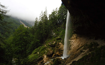 Pericnik Waterfall, Slovenia, river, clouds, landscape, trees, sky, forest HD wallpaper