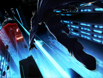 Kong Taolo, night, sword, kikokuga, weapons, buildings, anime, skyscrapers, taolo kong, the cyber slayer, futuristic, katana, trench coat, male, leaping HD wallpaper