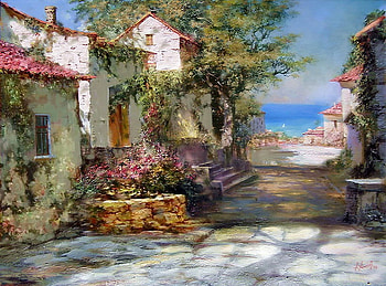 Courtyard path, path, steps, beautiful, houses, painting, courtyard, trees, view, flowers, ocean HD wallpaper