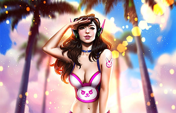 D.Va, bunny, summer, pink, fantasy, overwatch, ayyasap, luminos, dva HD wallpaper