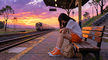 Girl At Train Station Sunset, asian, girl, alone, train-station, sunset, artist, artwork, art, digital-art, ai, deviantart HD wallpaper