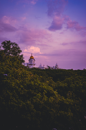Cities, Trees, Sunset, Clouds, Horizon, Temple HD phone wallpaper