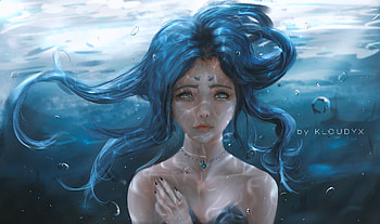 Mermaid, blue, kloudyx, girl, summer, fantasy, underwater, face, luminos, water, siren, vara HD wallpaper