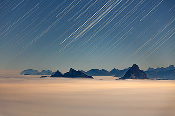 Nature, Rocks, Fog, Starfall HD wallpaper