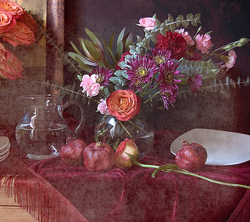 still life 1, art , table, fullcolours, beautiful, fruits, glass pot, glass vase, shawl, flowers, water HD wallpaper