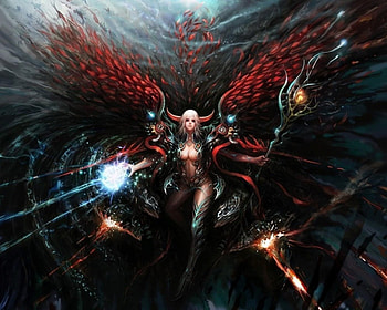 Angel of Apocalypsis, black, feathers, angel, beauty, lady, abstract, blonde hair, fantasy woman, female, wings, art, sword, beautiful, dark, woman, fantasy, pretty, light, red, weapon HD wallpaper