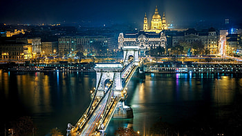 the beautiful chain bridge in bidapest, night, river, city, lights, bridge, cathedral HD wallpaper