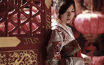 Oriental beauty, model, asian, girl, oriental, lampioane, beauty, woman, red, lantern HD wallpaper
