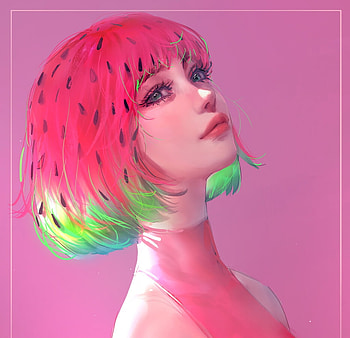 Watermelon style by NIXEU, style, art, nixeu, girl, watermelon, summer, pink, fantasy, green, face, luminos, hair HD wallpaper