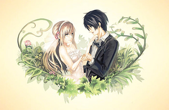Yuuki Asuna & Kirigaya Kazuto, artistic, sword art online, digital, swordsman, married, cg, petals, fantastic, couple, boyfriend, white, art, kazuto, girl, yuuki, tux, anime girl, sao, anime, elucidator, brown hair, kirigaya kazuto, kirito, black, wedding dress, knight, yuuki asuna, dress, rose, brown, cupid, tuxedo, girlfriend, rapier, amazing, black eyes, stunning, kirigaya, brown eyes, incredible, gun gale online, asuna, black hair, skill, boy, wedding, love, flowers, anime boy HD wallpaper