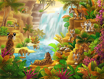 TIGER MURAL, JUNGLE, MOUNTAINS, WATERFALL, PRIDE, TIGER HD wallpaper