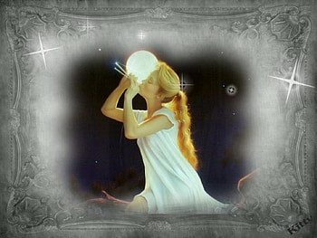Moon Serenade, magic, flute, moon, stars, female HD wallpaper