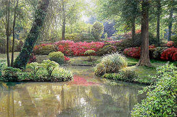 The lake, painting, art, pictura, water, zbigniew kopania, park, lake HD wallpaper