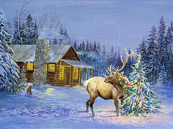 Once upon the time..., winter, decoration, christmas, deer, snow, cabin HD wallpaper