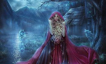 Red Riding Hood, art, girl, beautiful, wolf, nice, woman, cabin, digital, fantasy, pretty, forest HD wallpaper