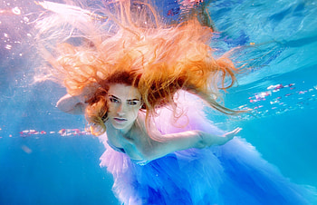 Mermaid, blue, underwater, redhead, girl, water, vara, siren, summer HD wallpaper