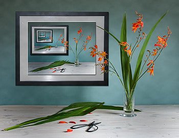 Reflection reflection reflection, scissors, orange flowers, vase, mirrors, reflections HD wallpaper