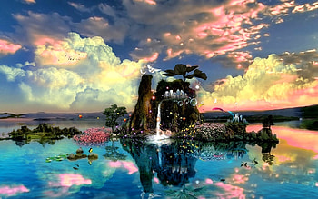 HOME OF THE BUTTERFLIES, island, butterflies, colorful, clouds, sky, water, home HD wallpaper