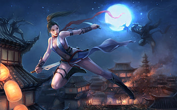 Ninja Girl Katana House Roof Fire Swords Weapons Anime . HD wallpaper