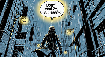 Inspiration: Don't Worry, Be Happy, Comic, rain, man, street light HD wallpaper