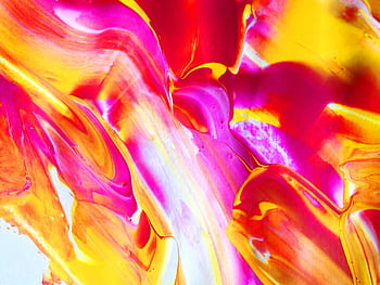 Dynamic abstract painting showcasing vibrant hues of red, pink, and yellow in fluid motion. HD wallpaper