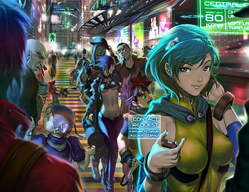 Contact Request, Hirls, Girls, , Female, signs, buildings, Girl, aqua hair, group, aqua eyes, futuristic, public, future HD wallpaper