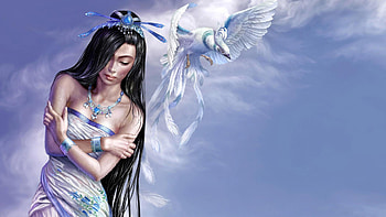 Fantasy girl, blue, white, fantasy, asian, bird, girl, tang yuehui, pasari, art HD wallpaper