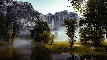 Just Before Sunrise in Yosemite Valley, trees, waterfall, landscape, clouds, sky, rocks, usa, river, california, foggy HD wallpaper