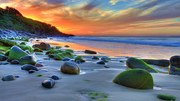 Beautiful Beach, sand, moss, beautiful, hill, sunset, rock, beach HD wallpaper