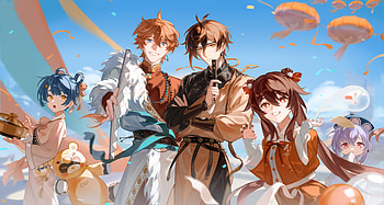 Genshin Impact Heroes Unite – Ultra Featuring Zhongli & Friends, Zhongli (Genshin Impact), Xiangling (Genshin Impact), Tartaglia Childe (Genshin Impact), Qiqi (Genshin Impact), Hu Tao, video game, Genshin Impact HD wallpaper