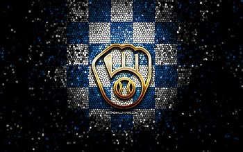 Milwaukee Brewers emblem, glitter logo, MLB, blue white checkered background, american baseball team, Major League Baseball, mosaic art, baseball, Milwaukee Brewers HD wallpaper