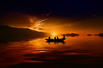 Sunset, boat, lake, mountains, silhouette HD wallpaper