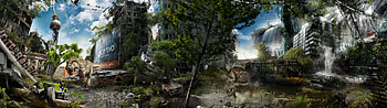 alexander koshelkov berlin post-apocalypse town ruin dinosaurs buildings dual monitor HD wallpaper