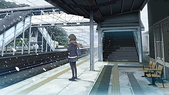 Just.. Waiting, train station, white, stairs, anime, snow, alone, empty, female HD wallpaper