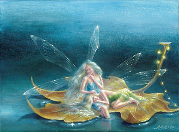 Blue fairy, blue, art, lynne bellchamber, girl, fairy, fantasy, yellow, leaf, luminos, water HD wallpaper