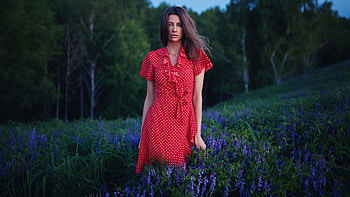 Girl Red Polka Dress Field, girls, model, red-dress HD wallpaper