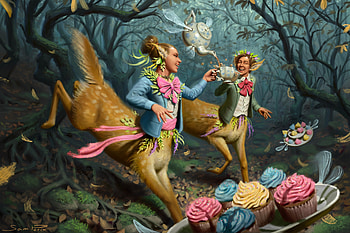Centaur tea party, cupcake, sam perin, frumusete, tea, man, centaur, cup, party, pink, fantasy, couple, forest, creature, teapot HD wallpaper