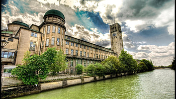 clock tower on the danube river in bavaria r, river, tower, clouds, building, r, clock HD wallpaper