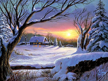 Winter Sunset, artwork, painting, snow, house, landscape, trees, colors, sky HD wallpaper
