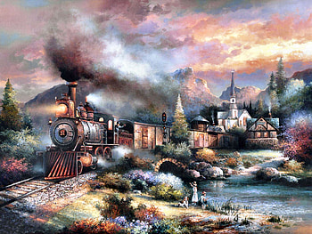 Train Greeting F1, children, art, engine, train, beautiful, illustration, church, houses, artwork, wide screen, painting, bridge, tracks, locomotive, railroad HD wallpaper