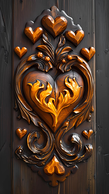 Hearts carved in wood, wood carving, heart, flame HD phone wallpaper