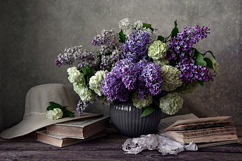 Still life, Vase, Bouquet, Hat, Books, Flowers HD wallpaper