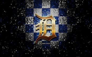 Detroit Tigers emblem, glitter logo, MLB, blue white checkered background, american baseball team, Major League Baseball, mosaic art, baseball, Detroit Tigers HD wallpaper