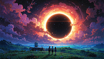Eclipse Of Dawn Three Friends Under A Burning Sky, sun, purple, sky, grass, field, boys, artist, artwork, art, digital-art, ai, deviantart HD wallpaper