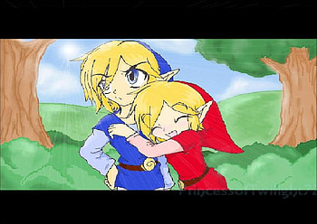 Red Toon Link hugs Blue, blue, toon links, toon link, red, video games, zelda, four swords, manga HD wallpaper