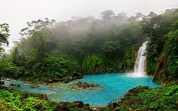 The unbelievable turquoise water of the Rio Celeste, Costa Rica, hills, waterfall, trees, forest, rocks HD wallpaper