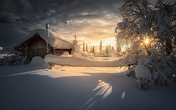 Winter Cabin, winter, sunrise, snow, cabin HD wallpaper